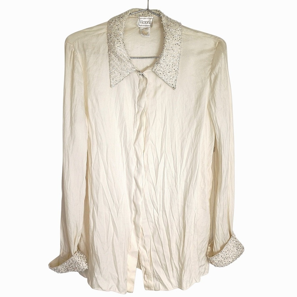 Victoria Vintage 100% Crinkled Silk Beaded Collar & Cuff Blouse Cream Sz 12